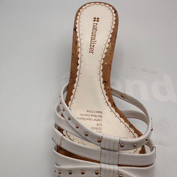 Naturalizer Sana White Strappy Sandal Heels With Cork Sole Studded Detail - Picture 12 of 14
